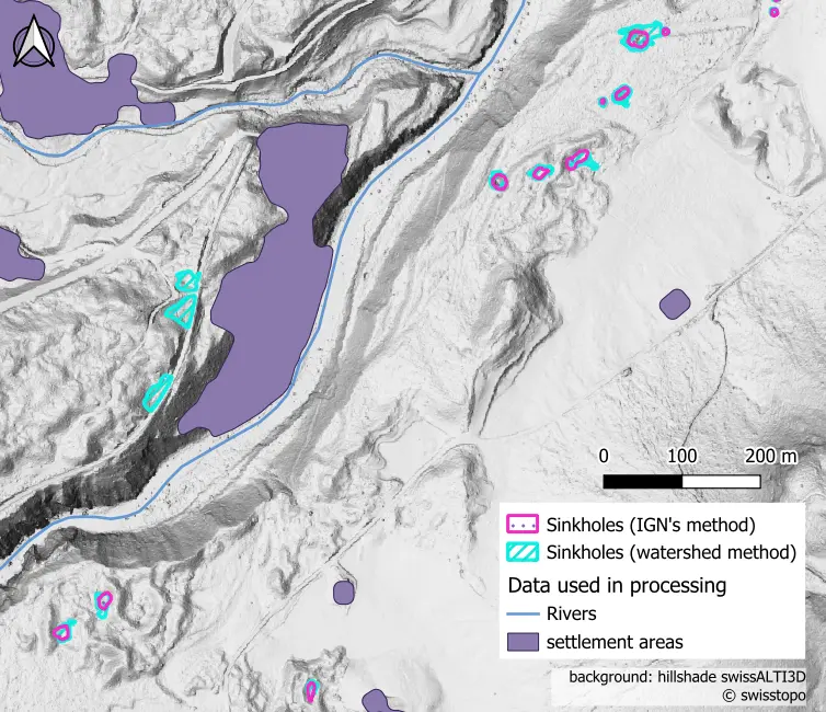 Comparison of the sinkholes detected through the IGN's method and the watershed method